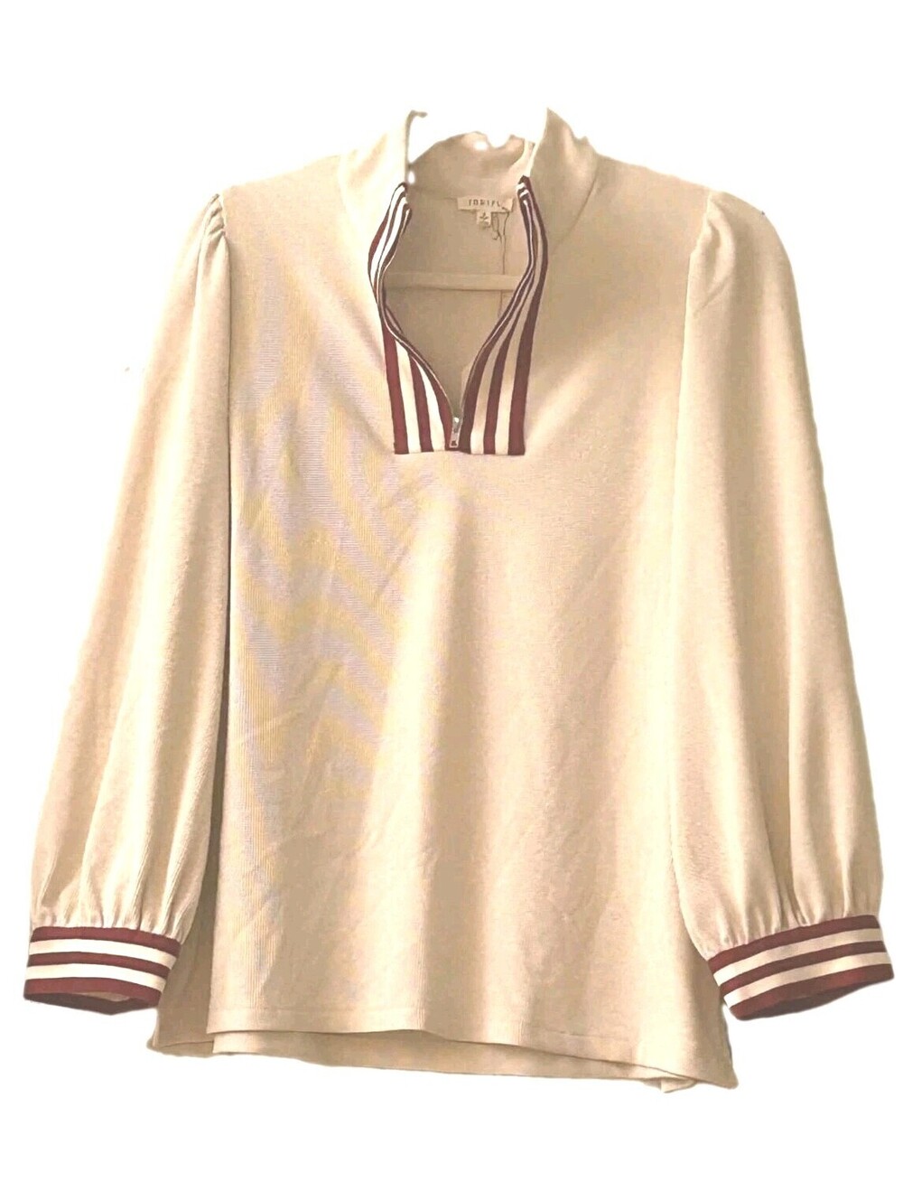 NWT JODIFL Cream Ribbed Pullover Top Womens Sze S Red Varsity Striped Zip Collar